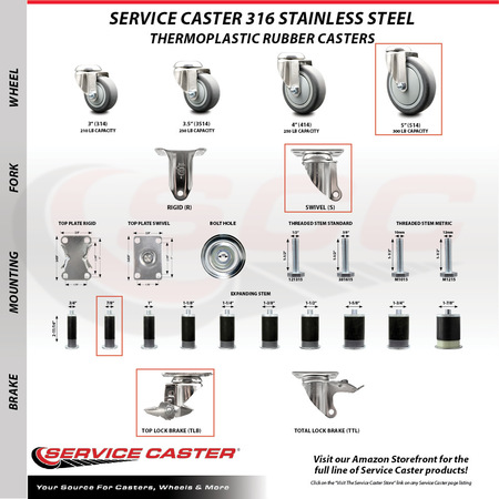 Service Caster 5 Inch 316SS Thermoplastic Rubber Swivel 7/8 Inch Expanding Stem Caster Brake SCC-SS316EX20S514-TPRB-TLB-78